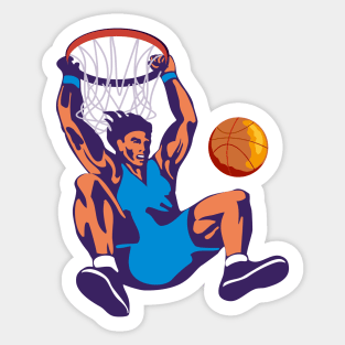 Basketball Player Dunking Hanging on Hoop Retro Sticker